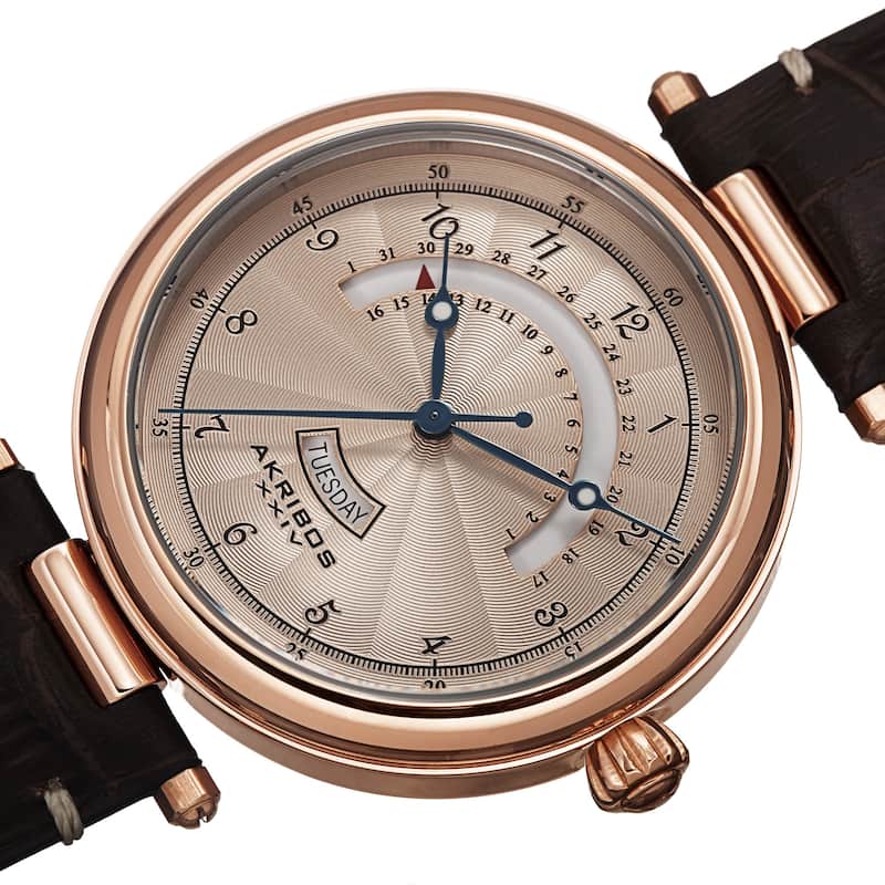 Akribos XXIV Men's Quartz Retrograde Date Leather Rose-Tone Strap Watch