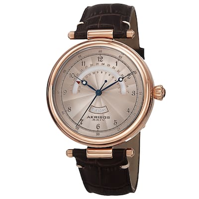 Akribos XXIV Men's Quartz Retrograde Date Leather Rose-Tone Strap Watch