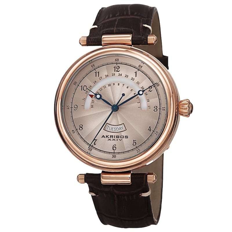 Akribos XXIV Men's Quartz Retrograde Date Leather Rose-Tone Strap Watch