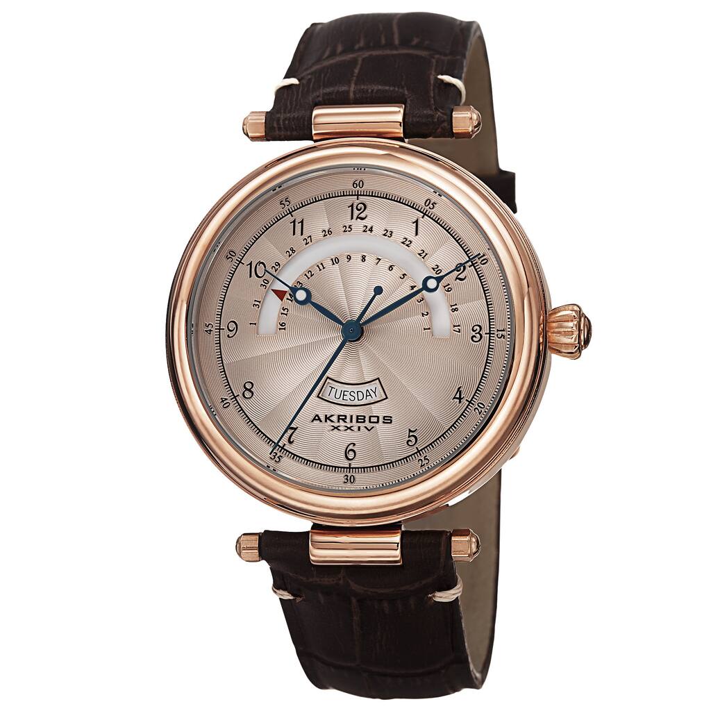 Akribos XXIV Men's Quartz Retrograde Date Leather Rose-Tone Strap Watch