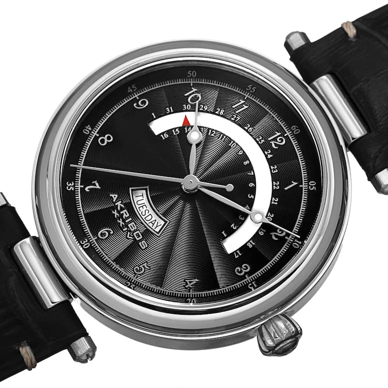 Akribos XXIV Men's Quartz Retrograde Date Leather Silver-Tone Strap Watch