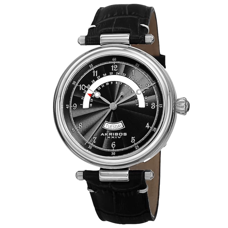 Akribos XXIV Men's Quartz Retrograde Date Leather Silver-Tone Strap Watch