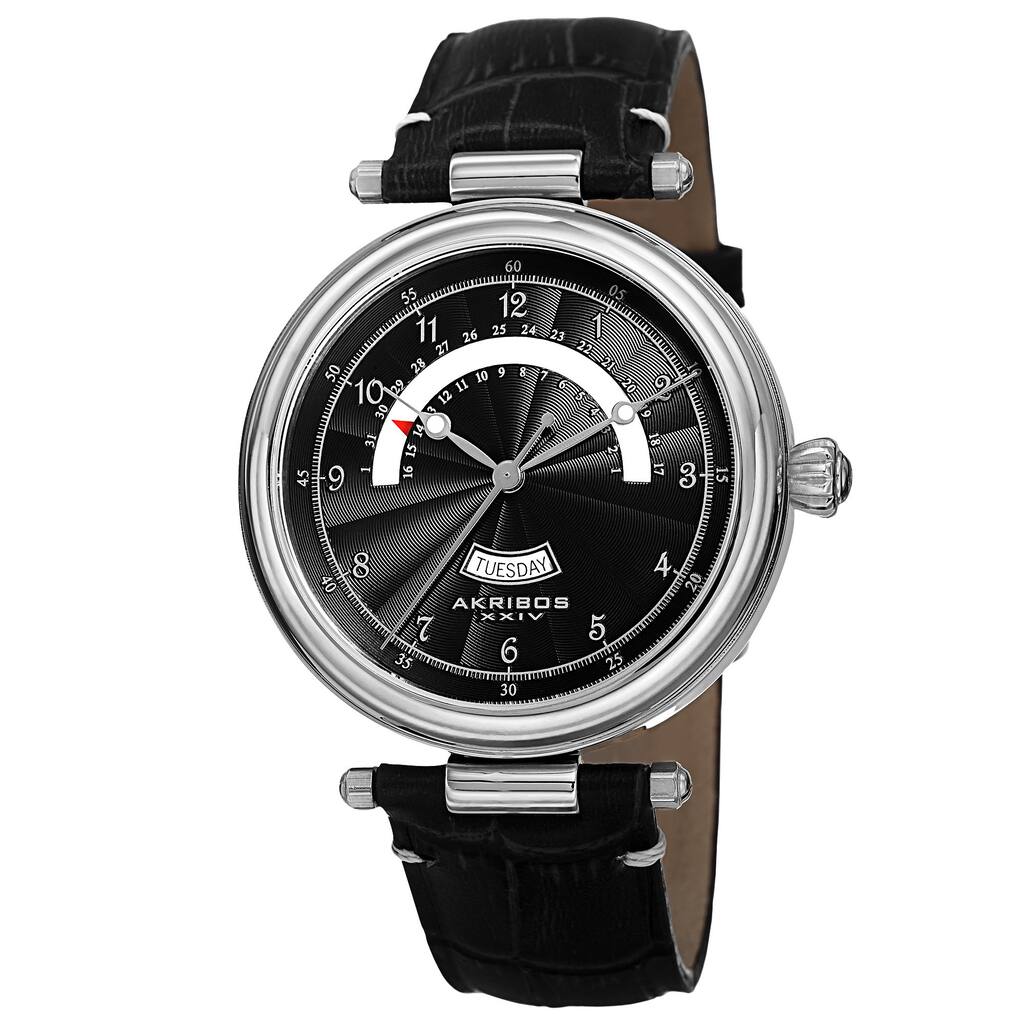 Akribos XXIV Men's Quartz Retrograde Date Leather Silver-Tone Strap Watch