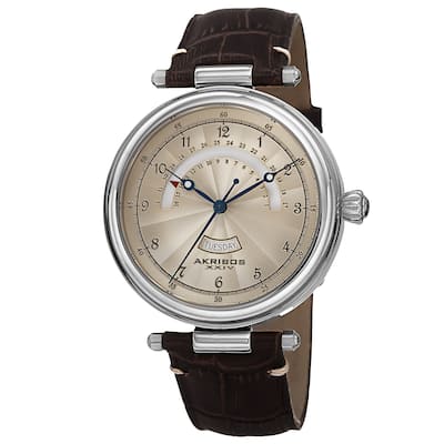 Akribos XXIV Men's Quartz Retrograde Date Leather Silver-Tone Strap Watch