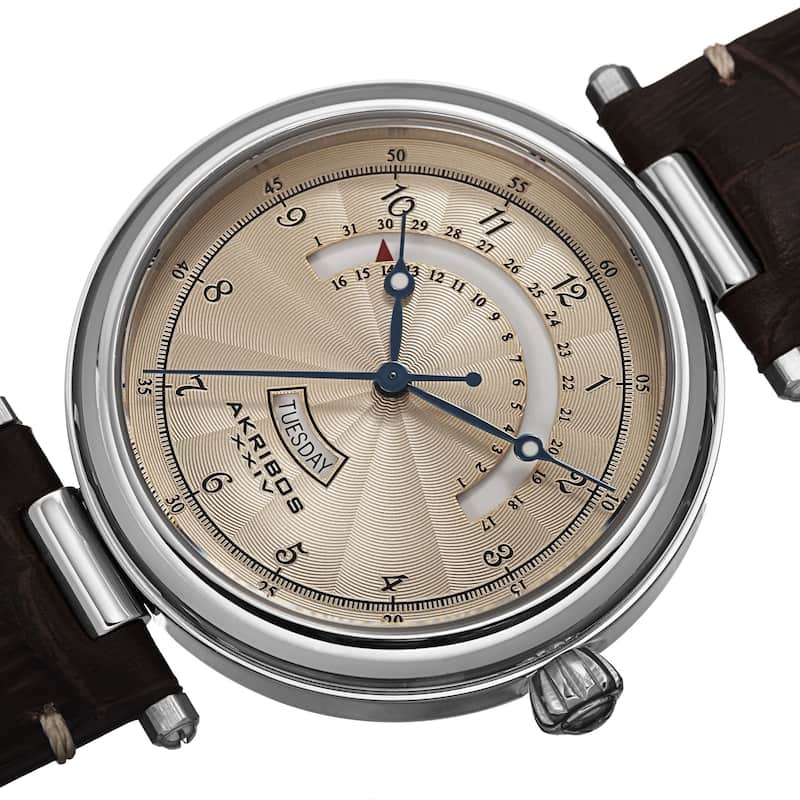 Akribos XXIV Men's Quartz Retrograde Date Leather Silver-Tone Strap Watch