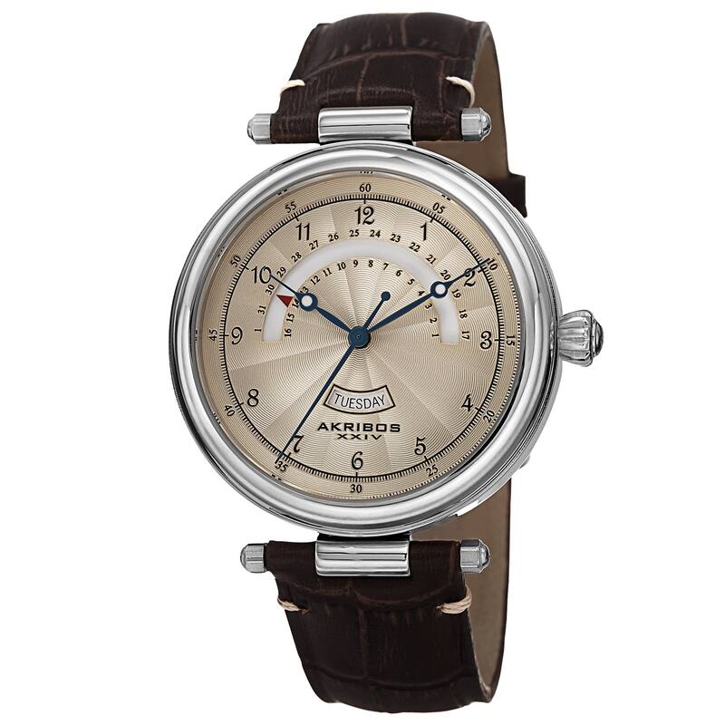 Akribos XXIV Men's Quartz Retrograde Date Leather Silver-Tone Strap Watch