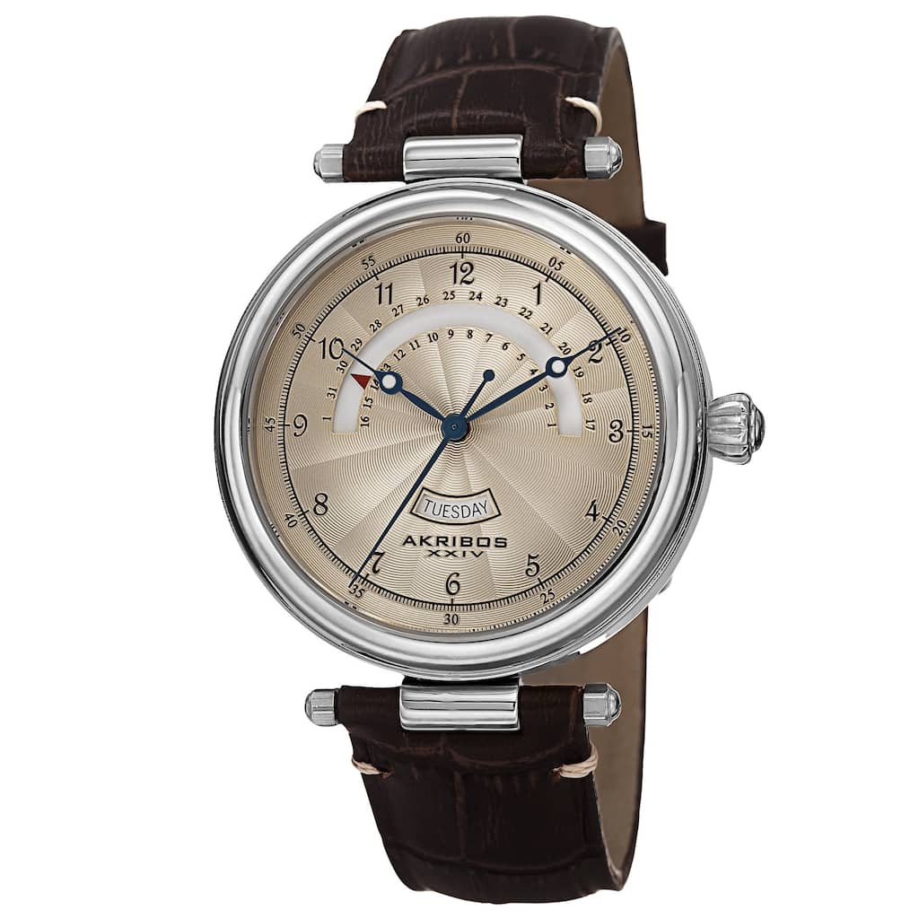 Akribos XXIV Men's Quartz Retrograde Date Leather Silver-Tone Strap Watch