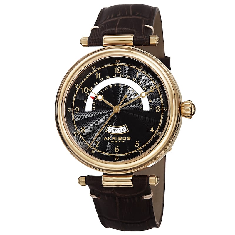 Akribos XXIV Men's Quartz Retrograde Date Leather Gold-Tone Strap Watch
