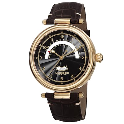 Akribos XXIV Men's Quartz Retrograde Date Leather Gold-Tone Strap Watch