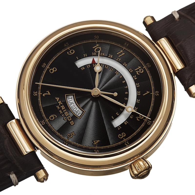 Akribos XXIV Men's Quartz Retrograde Date Leather Gold-Tone Strap Watch