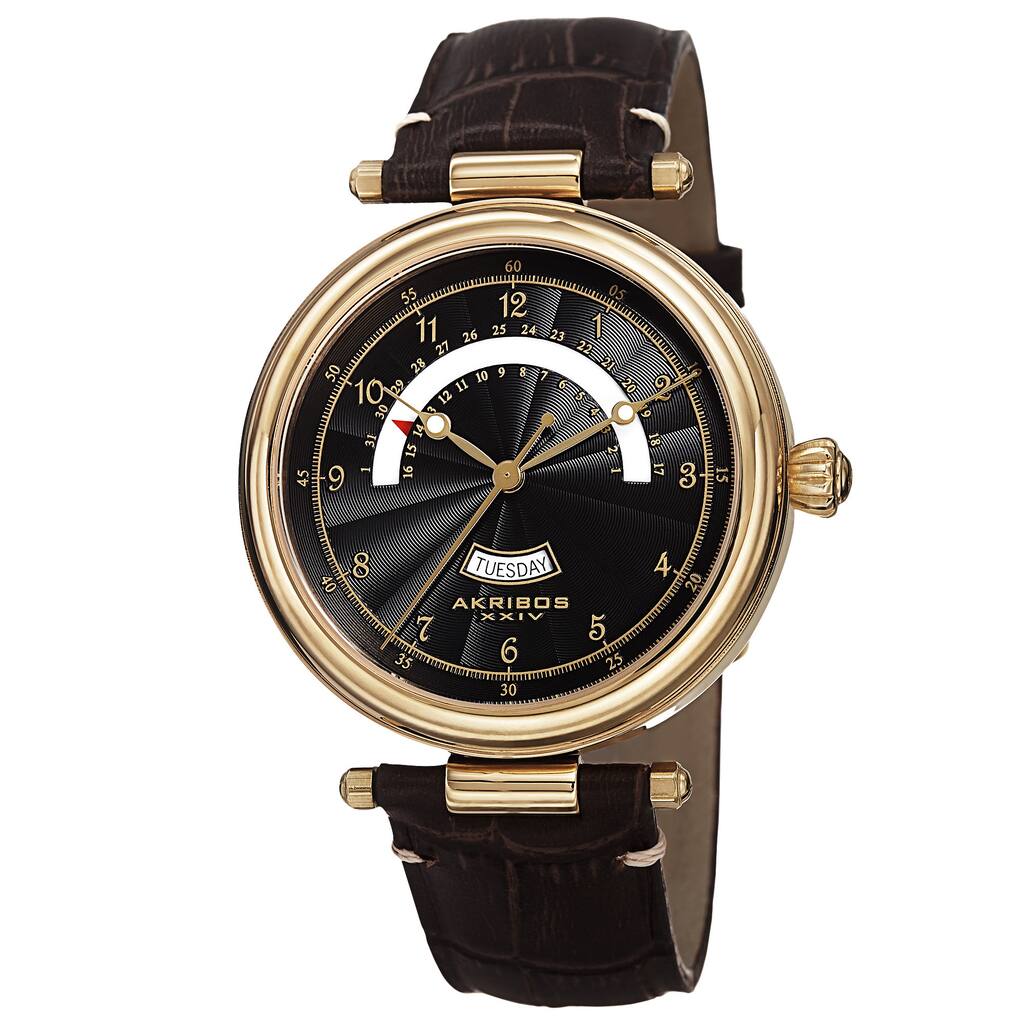Akribos XXIV Men's Quartz Retrograde Date Leather Gold-Tone Strap Watch