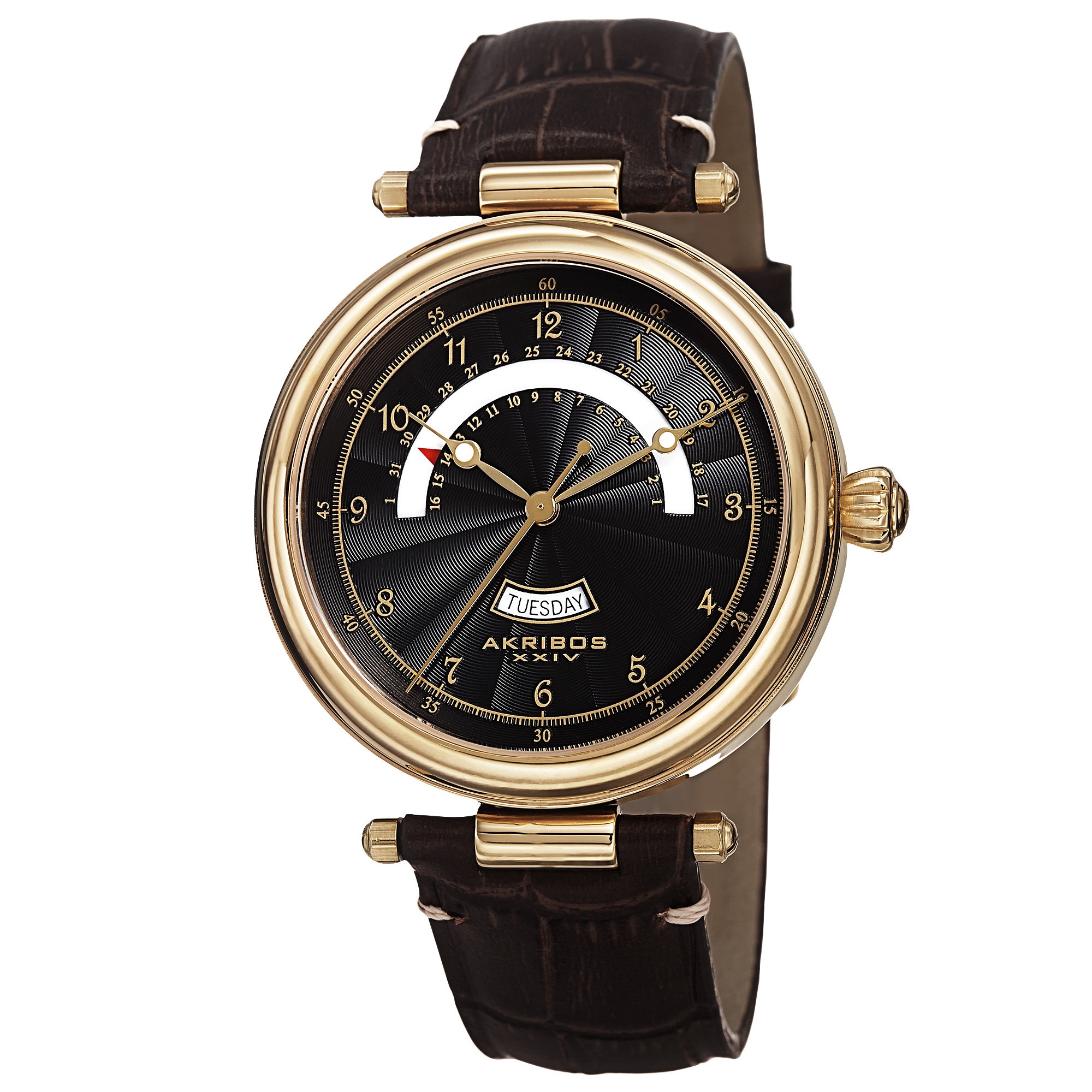 Akribos XXIV Men's Quartz Retrograde Date Leather Gold-Tone Strap Watch