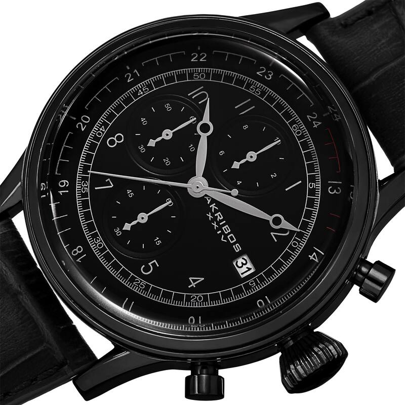 Akribos XXIV Bold Men's Quartz Chronograph Leather Black Strap Watch