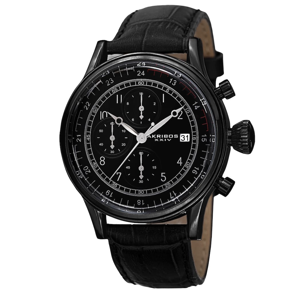 Akribos XXIV Bold Men's Quartz Chronograph Leather Black Strap Watch