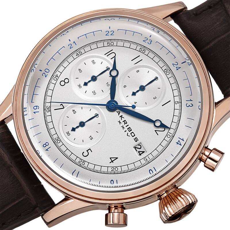 Akribos XXIV Bold Men's Quartz Chronograph Leather Rose-Tone Strap Watch