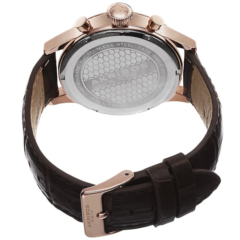 Akribos XXIV Bold Men's Quartz Chronograph Leather Rose-Tone Strap Watch