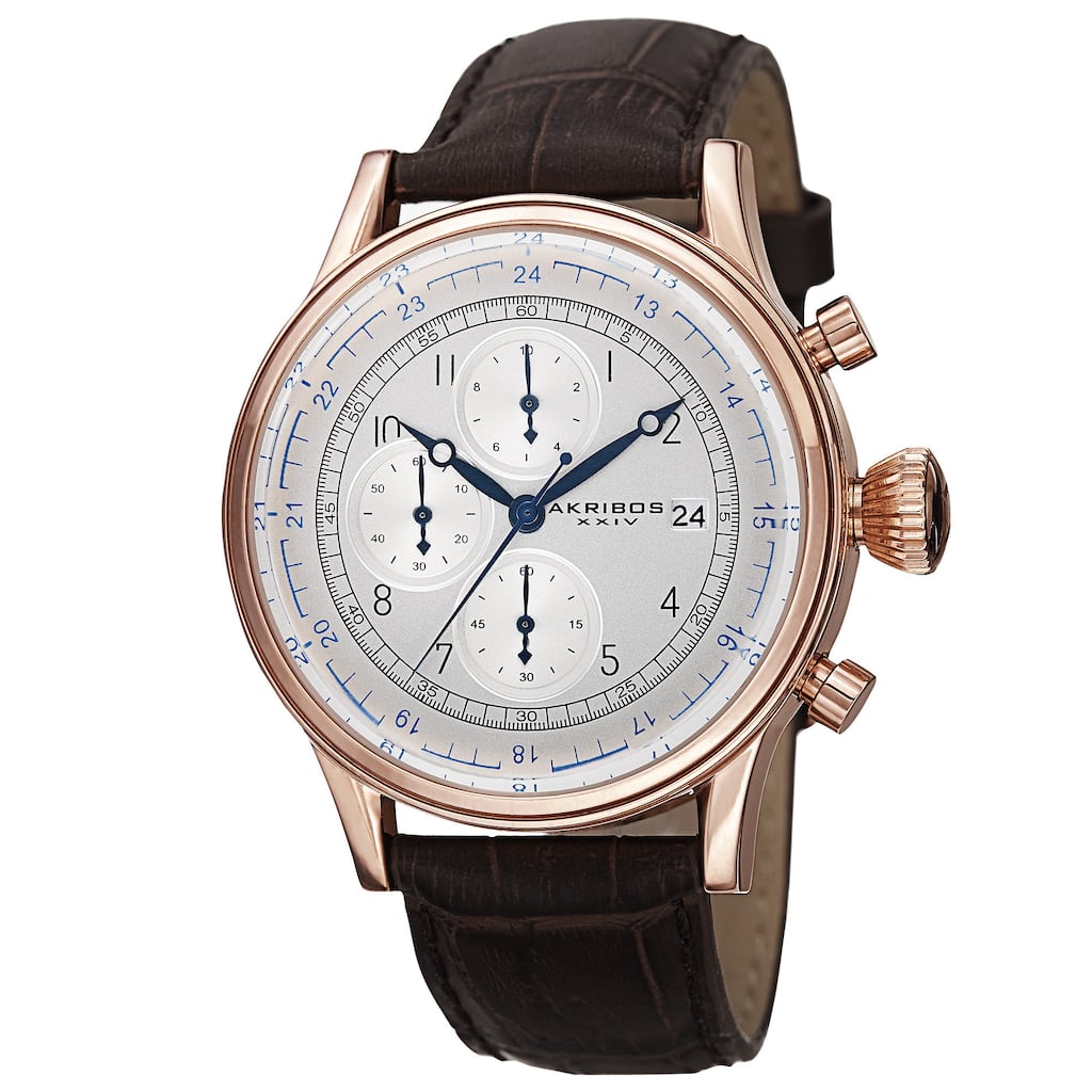 Akribos XXIV Bold Men's Quartz Chronograph Leather Rose-Tone Strap Watch