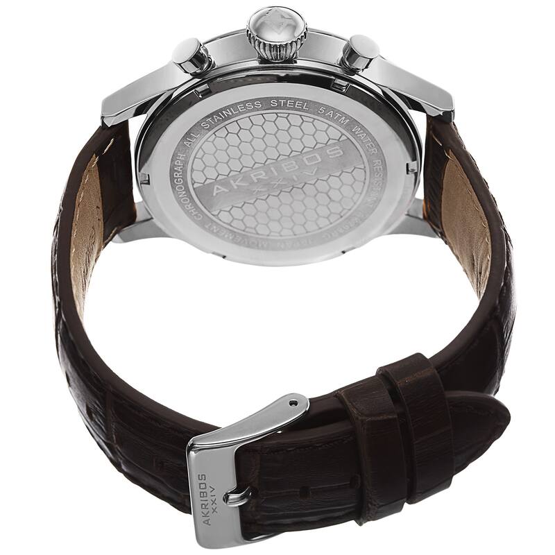 Akribos XXIV Bold Men's Quartz Chronograph Leather Silver-Tone Strap Watch