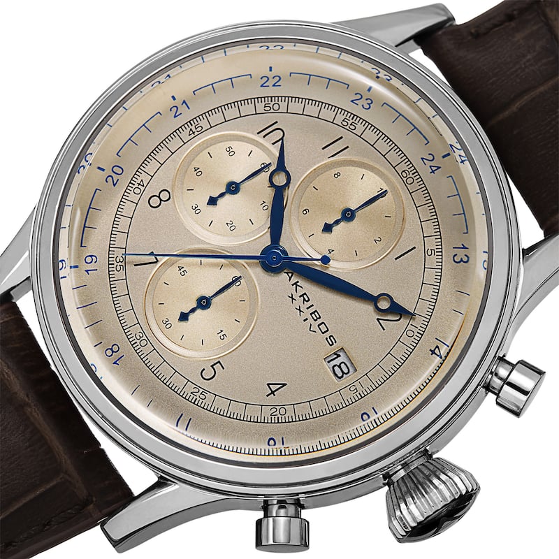 Akribos XXIV Bold Men's Quartz Chronograph Leather Silver-Tone Strap Watch