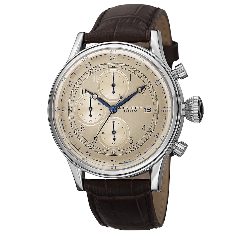 Akribos XXIV Bold Men's Quartz Chronograph Leather Silver-Tone Strap Watch