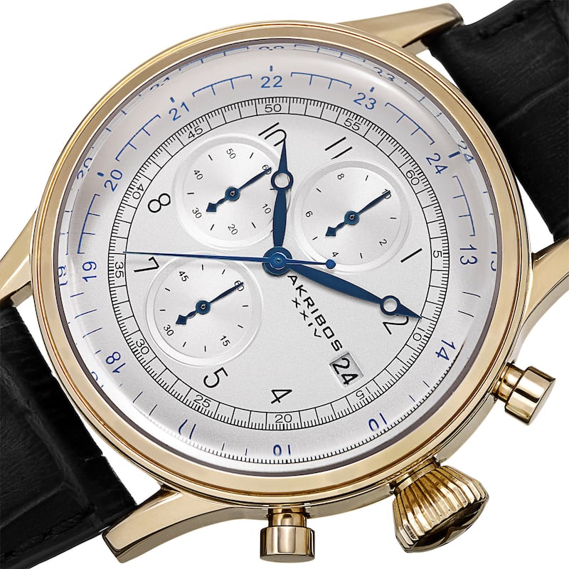 Akribos XXIV Bold Men's Quartz Chronograph Leather Gold-Tone Strap Watch