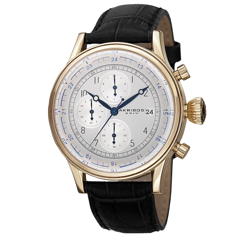 Akribos XXIV Bold Men's Quartz Chronograph Leather Gold-Tone Strap Watch