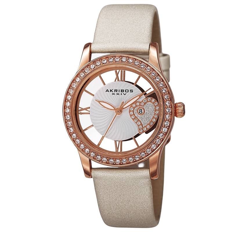 Akribos XXIV Women's Quartz Heart Crystal-Accented Satin White Strap Watch