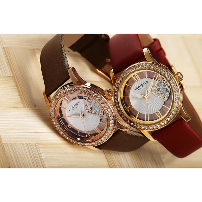 Akribos XXIV Women's Quartz Heart Crystal-Accented Satin Brown Strap Watch