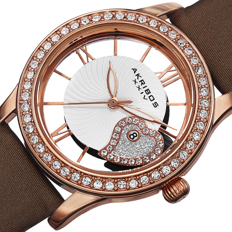 Akribos XXIV Women's Quartz Heart Crystal-Accented Satin Brown Strap Watch