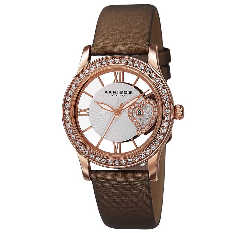 Akribos XXIV Women's Quartz Heart Crystal-Accented Satin Brown Strap Watch