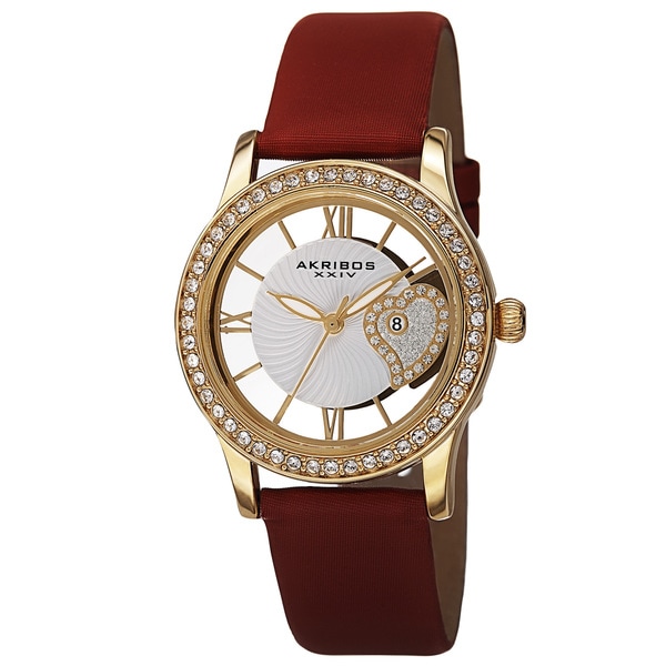 Akribos XXIV Women's Quartz Heart Crystal-Accented Satin Red Strap Watch