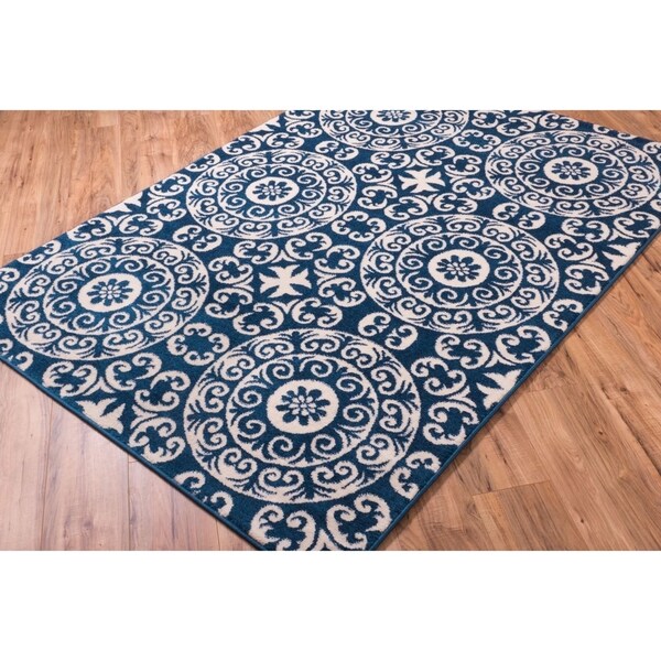Well Woven Bright Trendy Twist Mediterranean Tile Scrolls Navy Blue Geometric Area Rug - 7'10 x 10'6