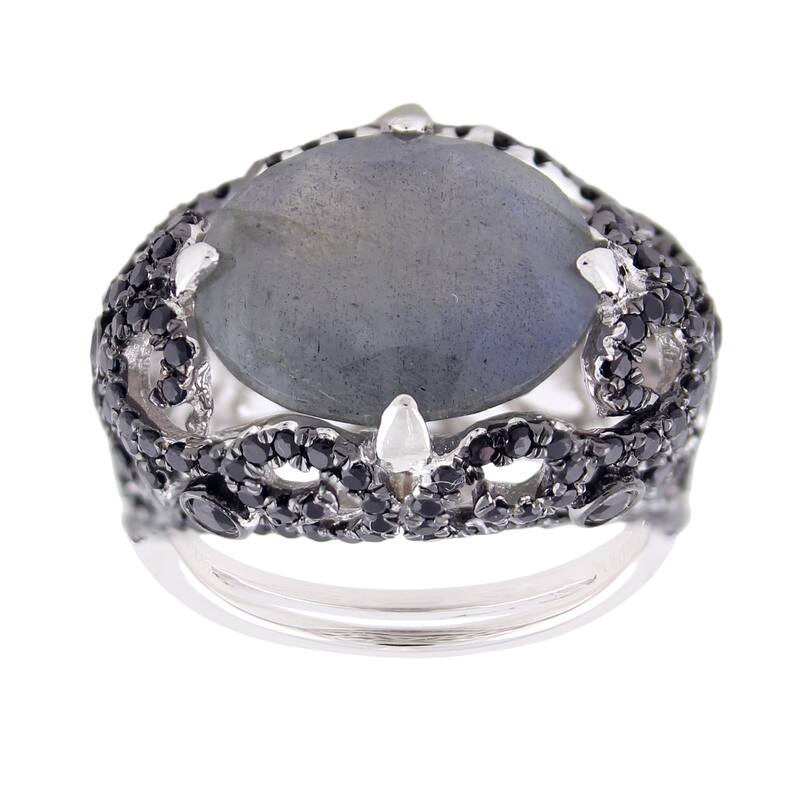 Sterling Silver Labradorite and Black Spinel Ring