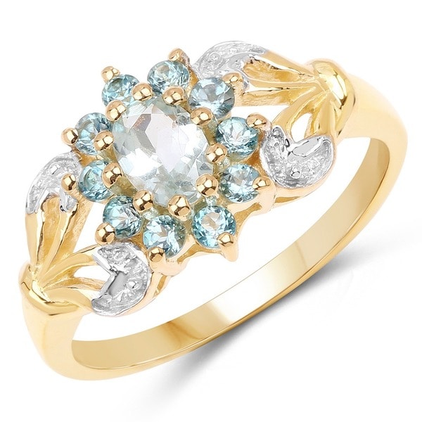 Diamond /& Aquamarine Ring Sterling Silver or Yellow Gold Plated