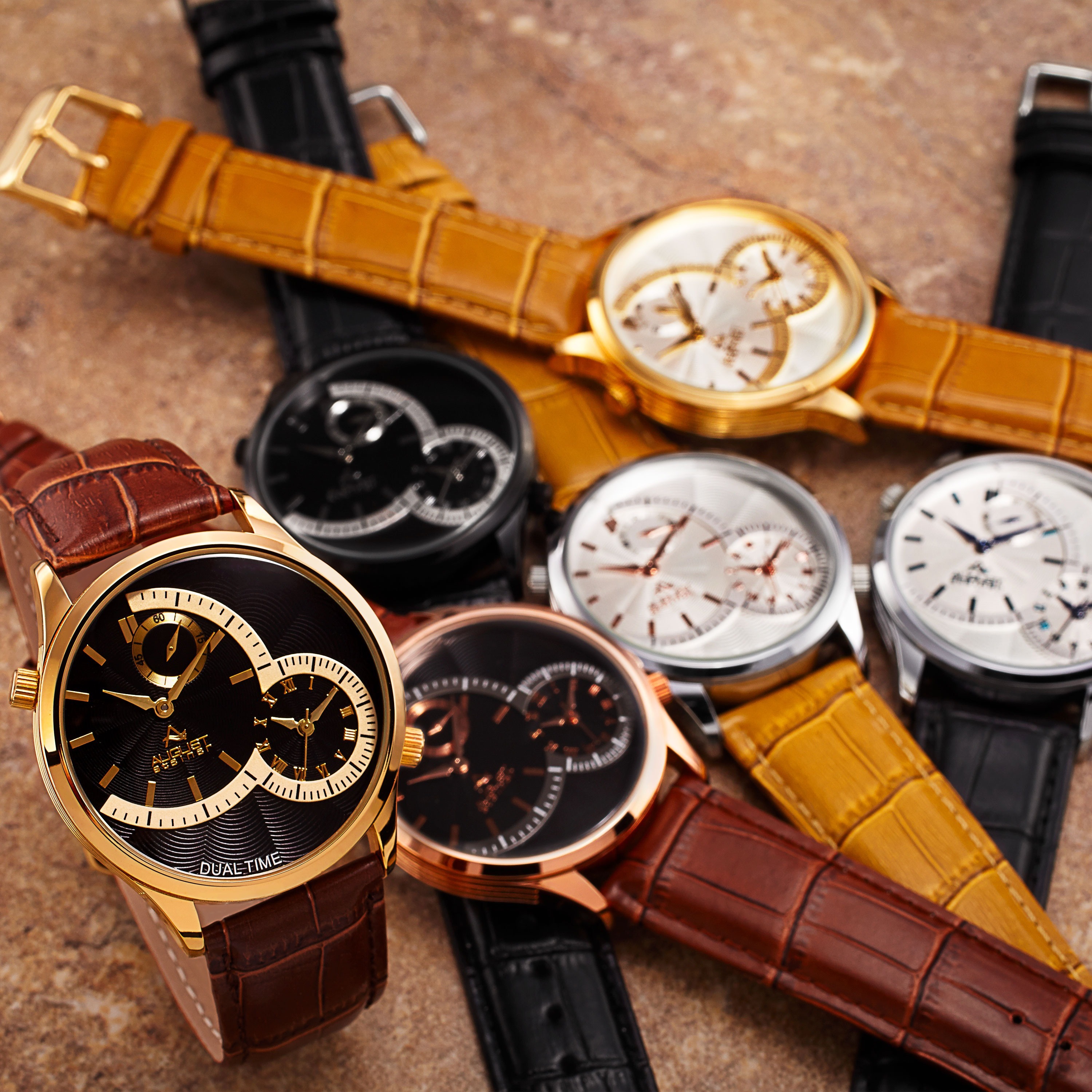 August Steiner Men's Swiss Quartz Multifunction Dual Time Leather