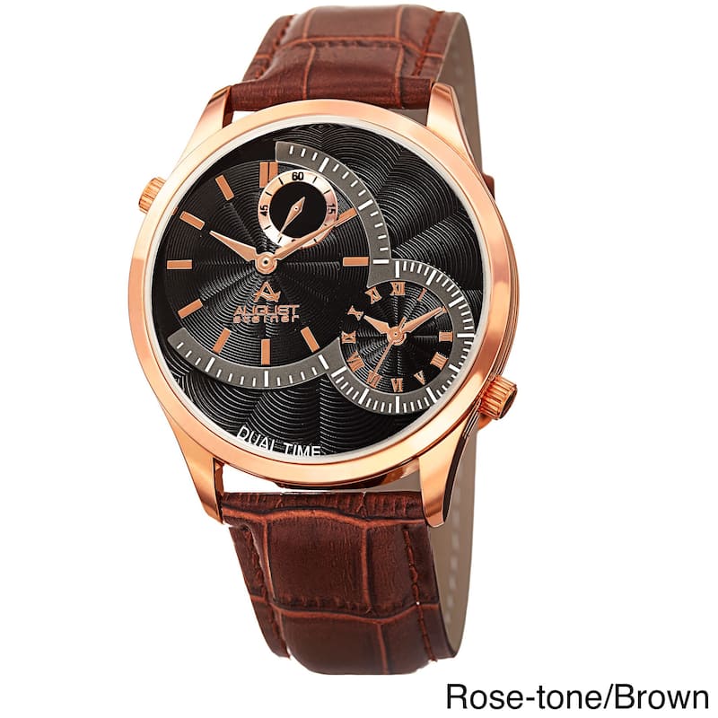 August Steiner Men's Swiss Quartz Multifunction Dual Time Leather Strap Watch - Rose-tone/Brown - Male - N/A