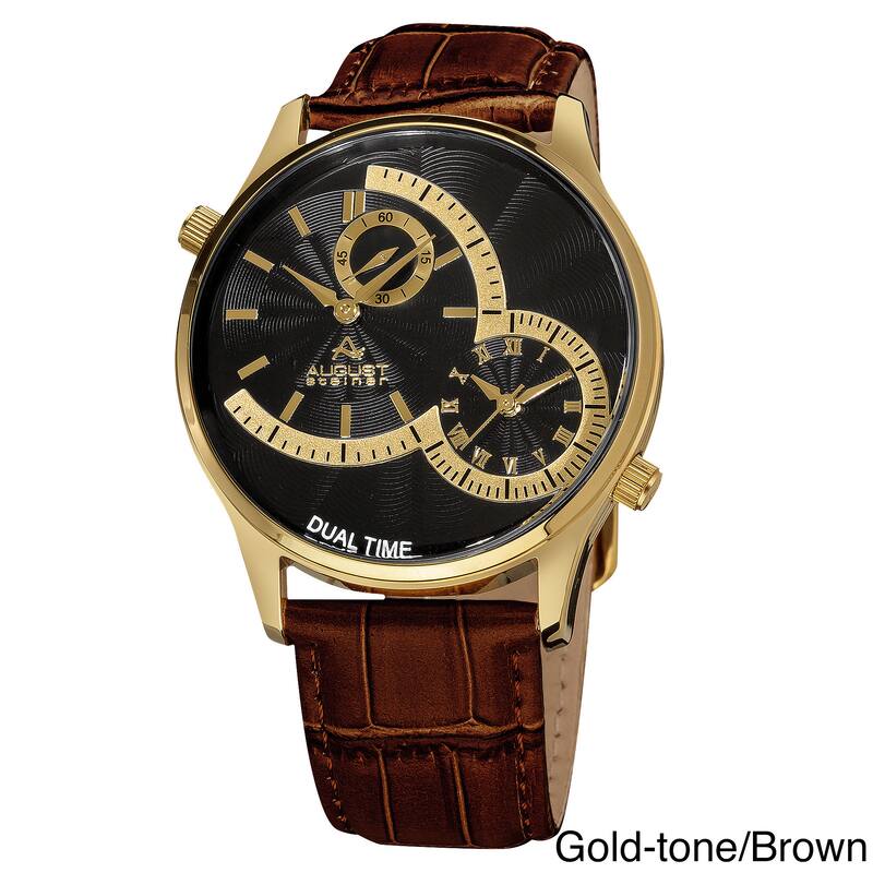 August Steiner Men's Swiss Quartz Multifunction Dual Time Leather Strap Watch - Gold-tone/Brown - Male - Gold-Tone