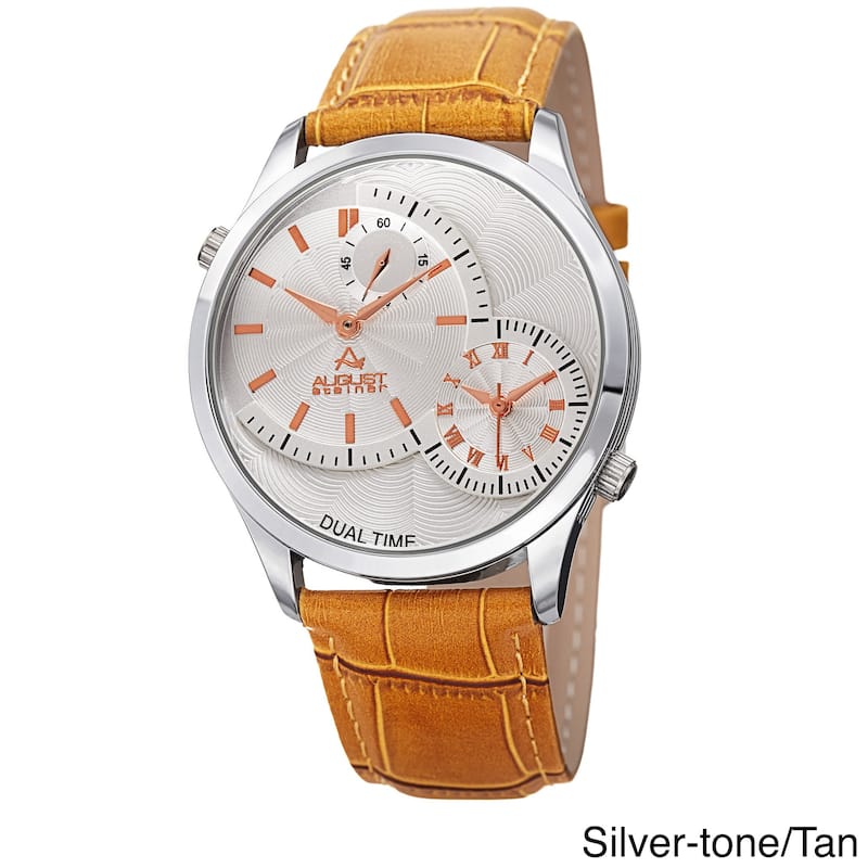 August Steiner Men's Swiss Quartz Multifunction Dual Time Leather Strap Watch - Silver-tone/Tan - Male - N/A