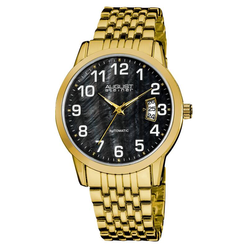 August Steiner Men's Automatic Mother of Pearl Date Display Gold-Tone Bracelet Watch