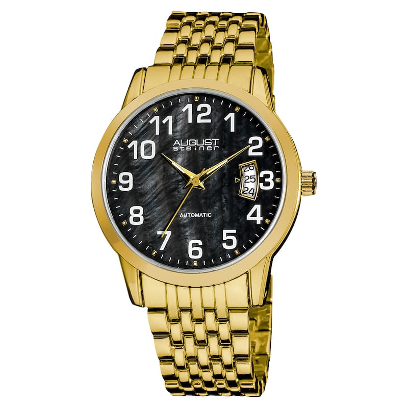 August Steiner Men's Automatic Mother of Pearl Date Display Gold-Tone Bracelet Watch