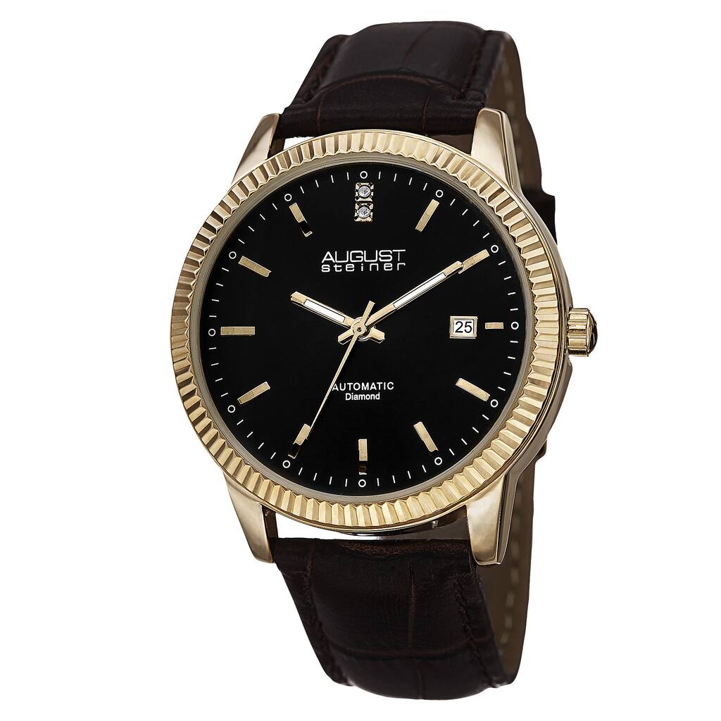 August Steiner Men's Diamond Automatic Leather Gold-Tone Strap Watch