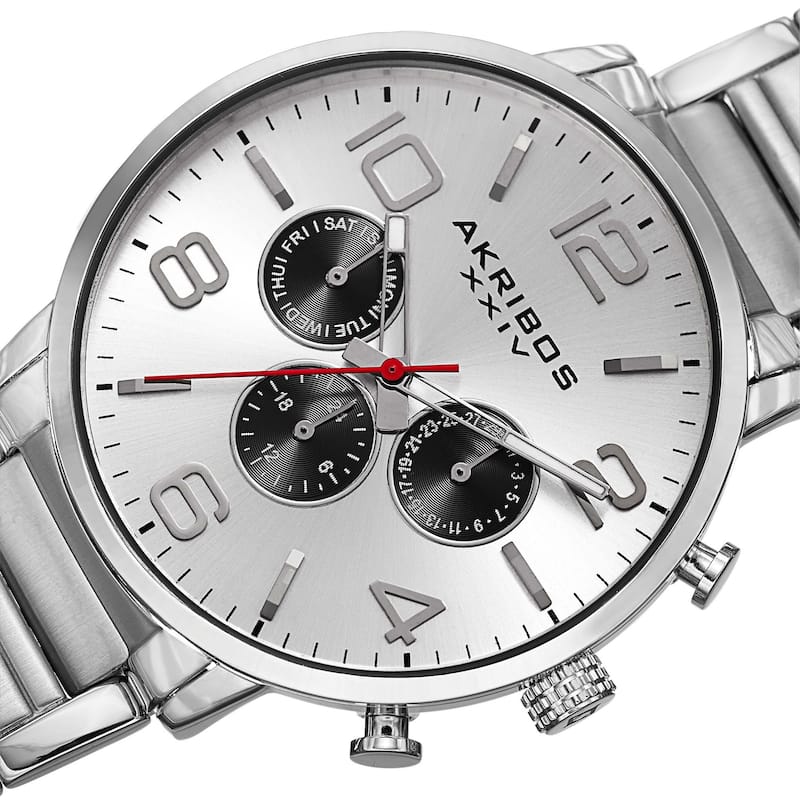 Akribos XXIV Men's Swiss Quartz Multifunction Dual Time Stainless Steel Silver-Tone Bracelet Watch