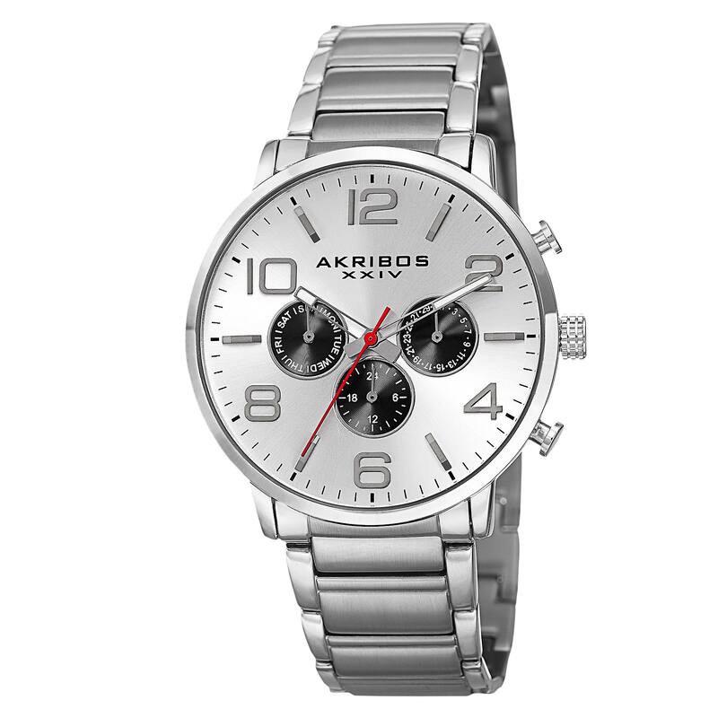 Akribos XXIV Men's Swiss Quartz Multifunction Dual Time Stainless Steel Silver-Tone Bracelet Watch