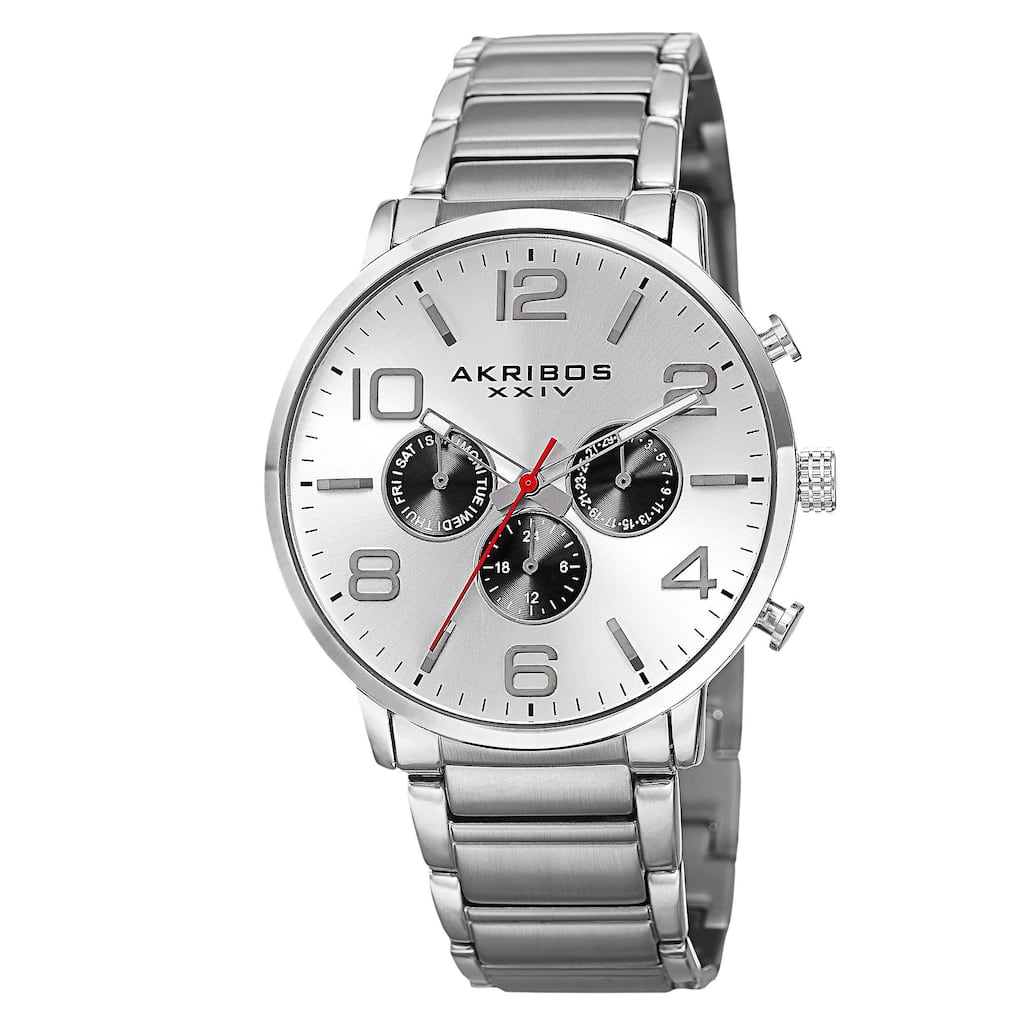 Akribos XXIV Men's Swiss Quartz Multifunction Dual Time Stainless Steel Silver-Tone Bracelet Watch