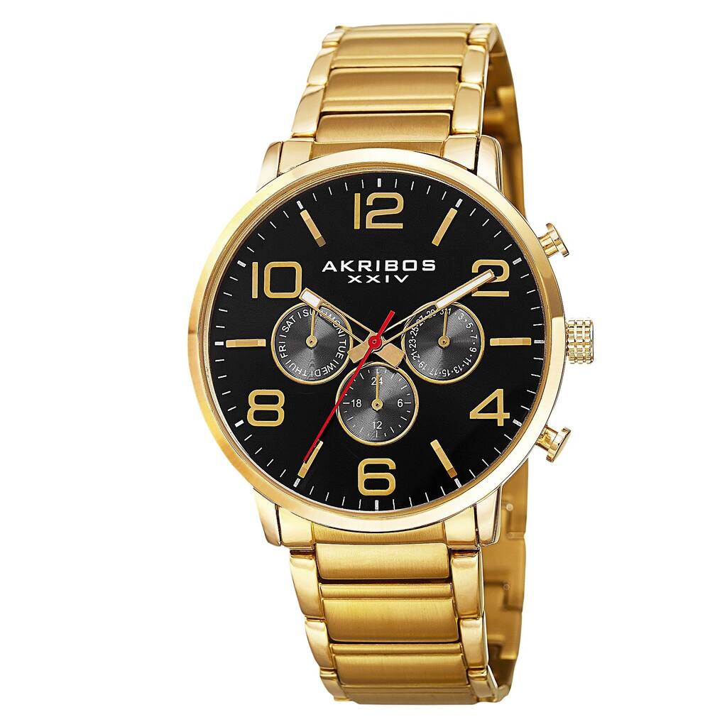 Akribos XXIV Men's Swiss Quartz Multifunction Dual Time Stainless Steel Black Bracelet Watch