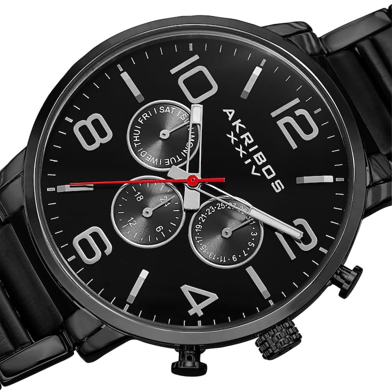 Akribos XXIV Men's Swiss Quartz Multifunction Dual Time Stainless Steel Black Bracelet Watch