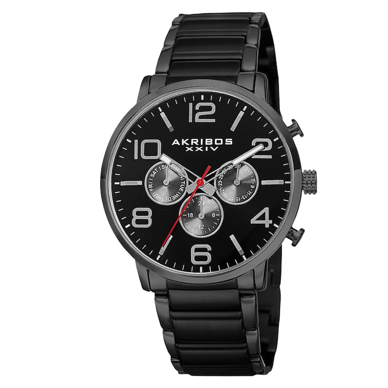Akribos XXIV Men's Swiss Quartz Multifunction Dual Time Stainless Steel Black Bracelet Watch
