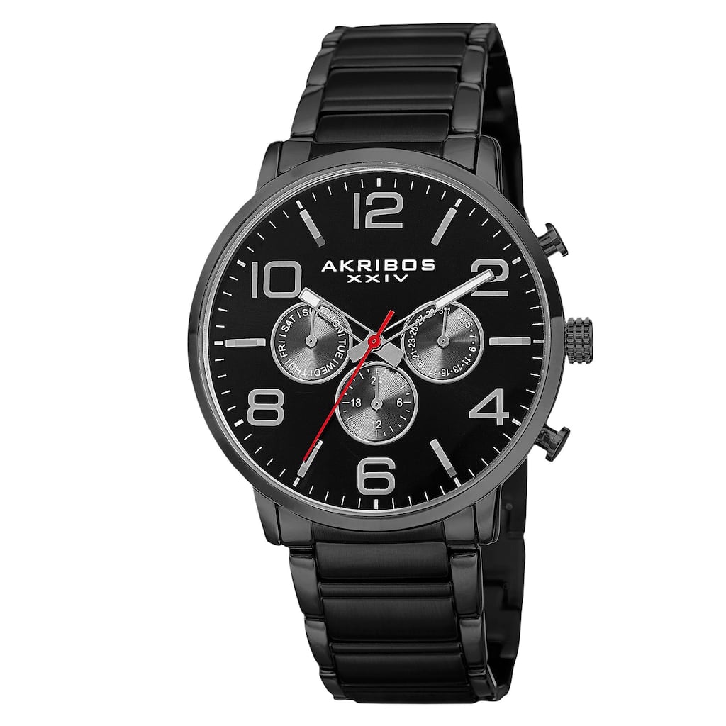 Akribos XXIV Men's Swiss Quartz Multifunction Dual Time Stainless Steel Black Bracelet Watch