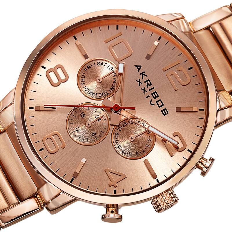 Akribos XXIV Men's Swiss Quartz Multifunction Dual Time Stainless Steel Rose-Tone Bracelet Watch