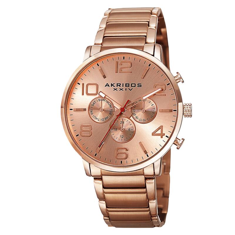 Akribos XXIV Men's Swiss Quartz Multifunction Dual Time Stainless Steel Rose-Tone Bracelet Watch